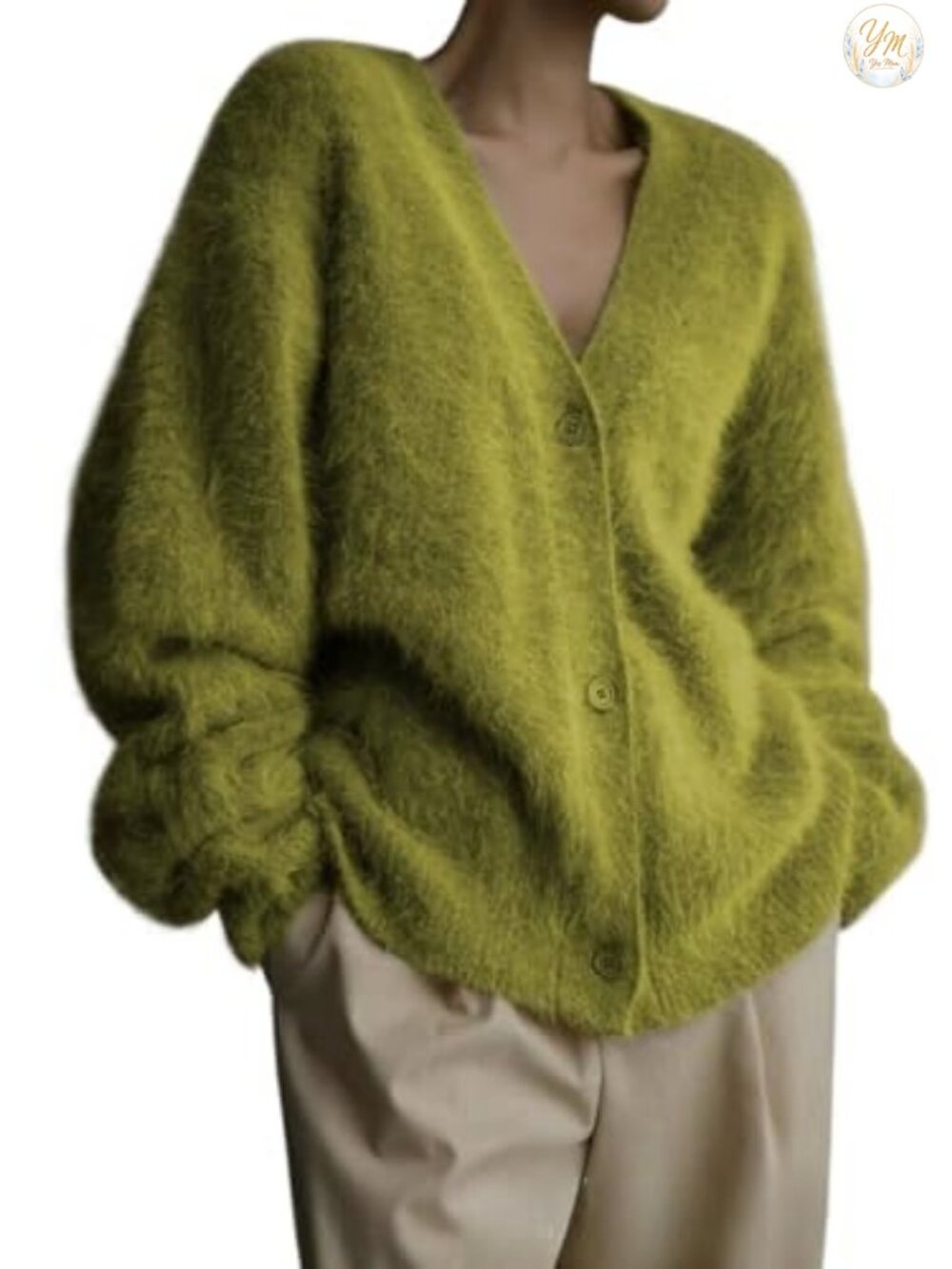 Women's Fuzzy Mohair Cardigan Sweater V-Neck Button Down Oversized Y2K